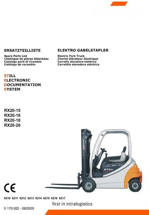 Product picture Still Electric Forklift RX20-15, RX20-16, RX20-18, RX20-20: 6210, 6211, 6212, 6213, 6214, 6215, 6216, 6217 Parts Manual
