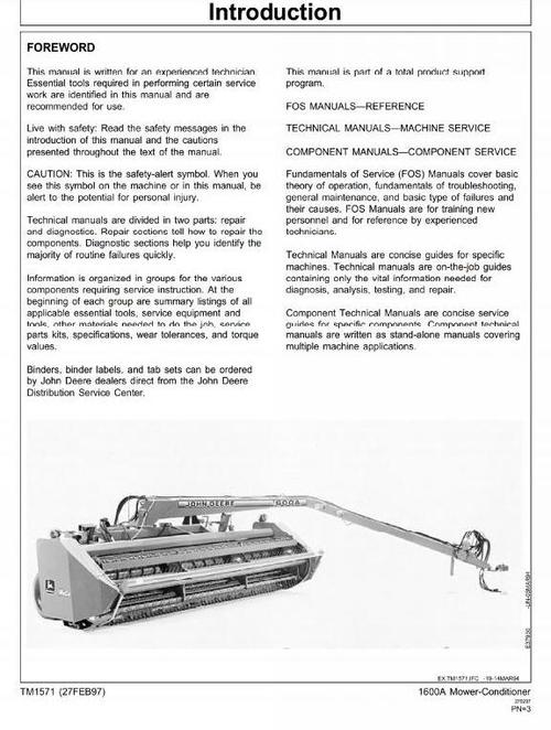 Product picture John Deere Mower-Conditioner 1600A Workshop Service Manual (tm1571)