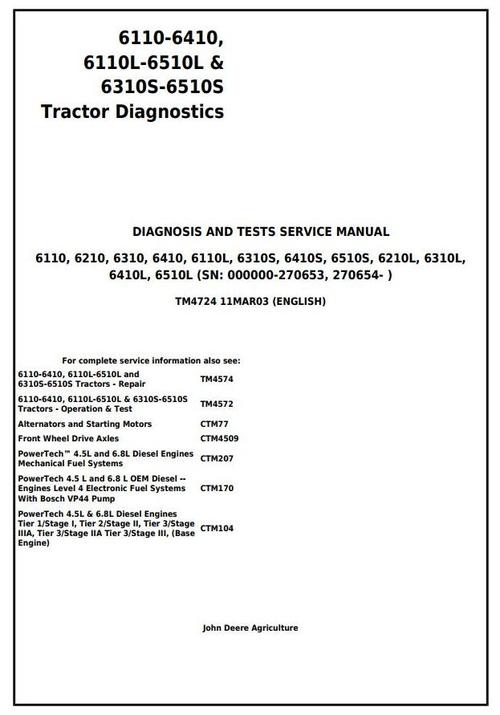 Product picture Deer 6110-6410, 6110L-6510L & 6310S-6510S Tractors Diagnosis and Test Service Manual (tm4724)