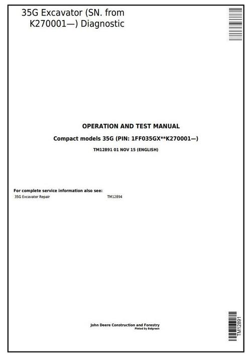 Product picture 35G (SN.K270001) Compact Excavator Diagnostic, Operation & Test Service Manual (TM12891)