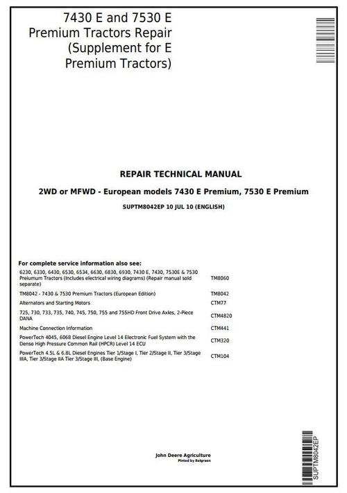 Product picture Tractors 7430 E and 7530 E Premium (European) Supplement for Repair Technical Manual (SUPTM8042EP)